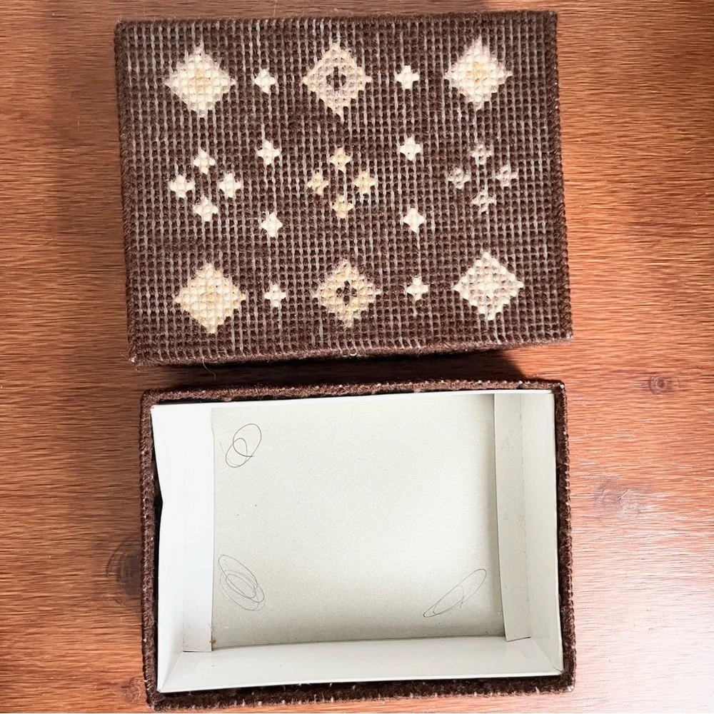 Vintage Handmade Needlepoint Card or Trinket or Keepsake Box Brown Diamonds